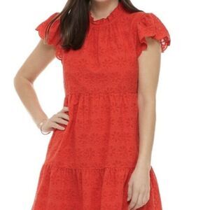 Crown & Ivy Red Floral Lined Dress Flutter Sleeves